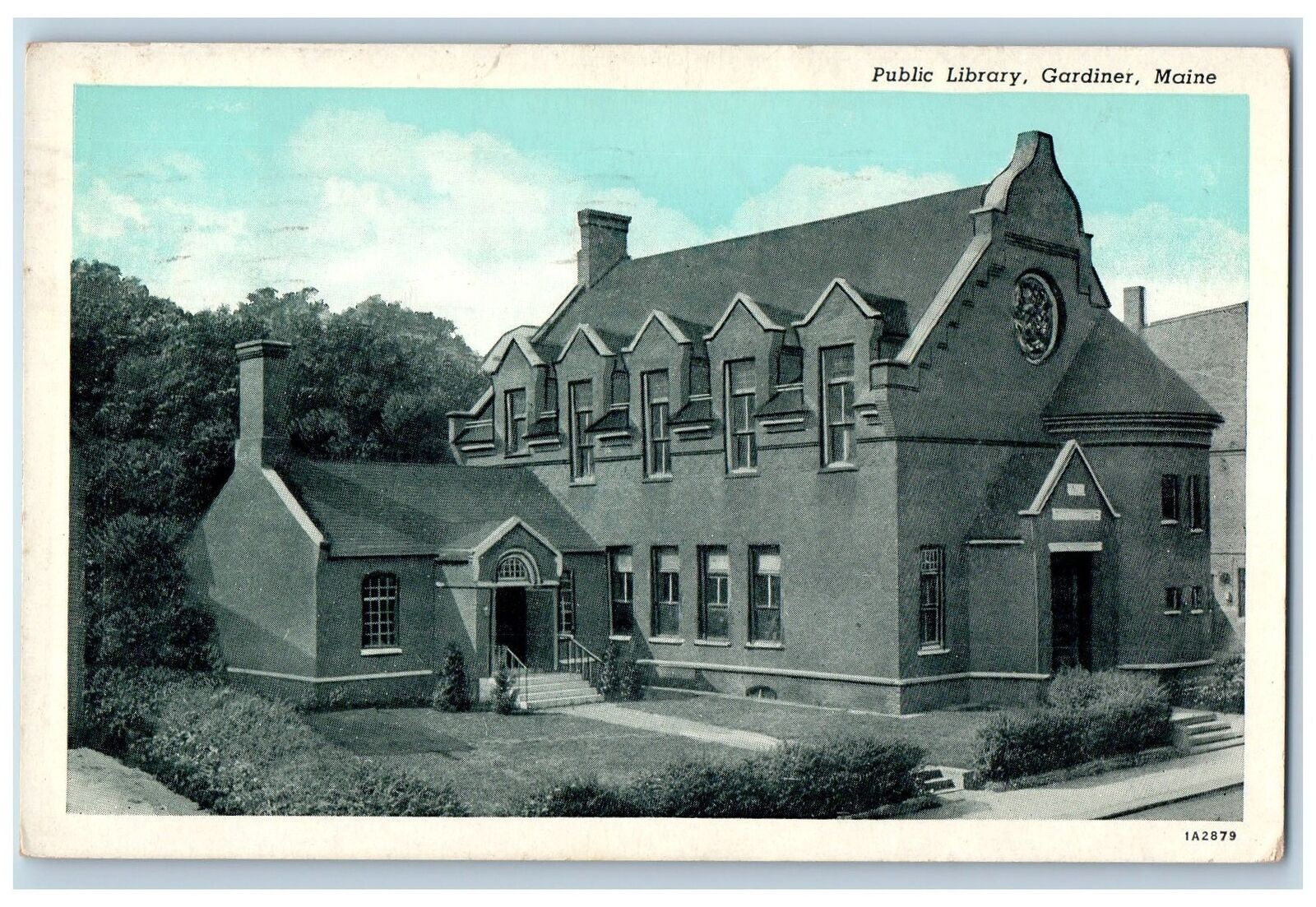 Gardiner Maine ME Postcard Public Library Building Exterior Scene 1942 Vintage