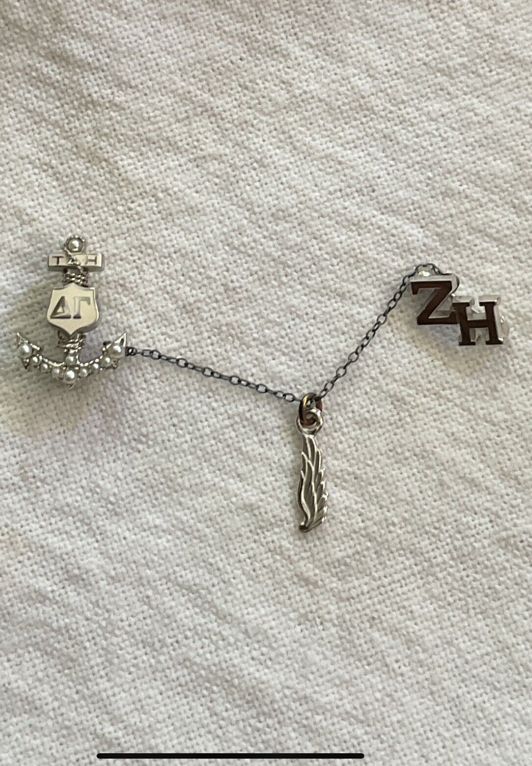 RARE White Gold Delta Gamma Sorority Pin / Badge With Chapter Pin And Dangle