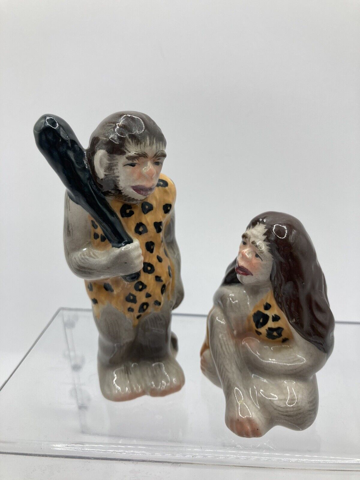 Vintage '50s Cave Man & Woman Salt & Pepper Shaker Set Neanderthal w Plugs Japan