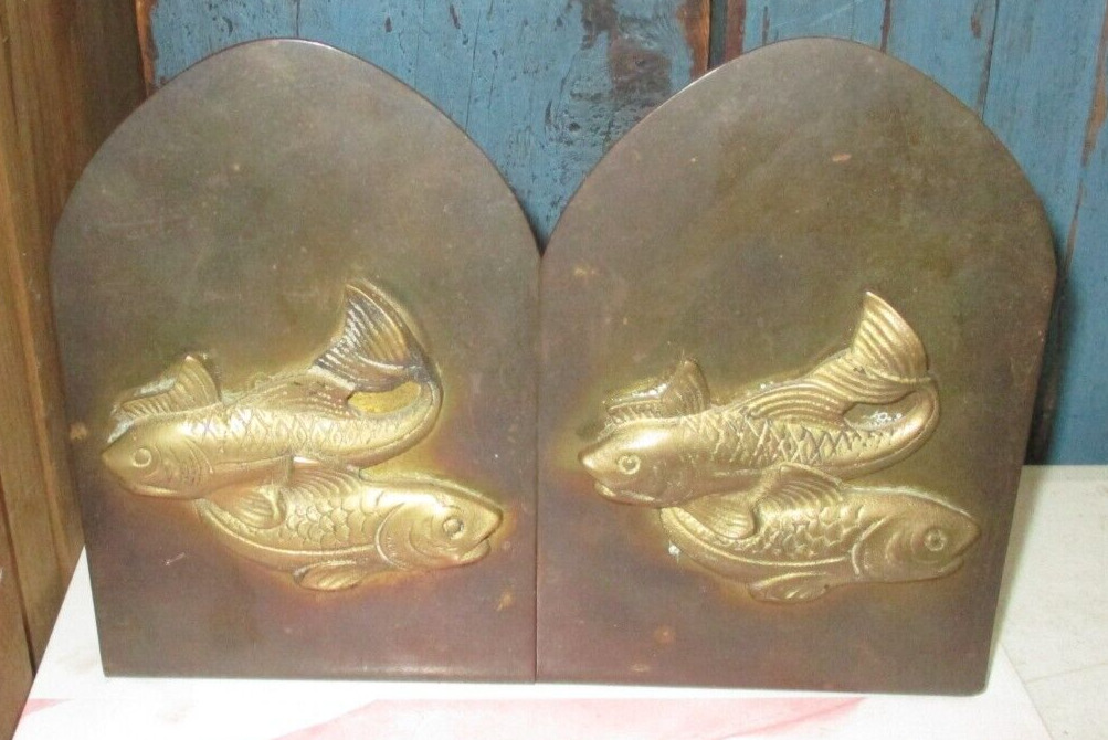 PAIR VINTAGE GOLD KOI FISH DECORATED BOOKENDS