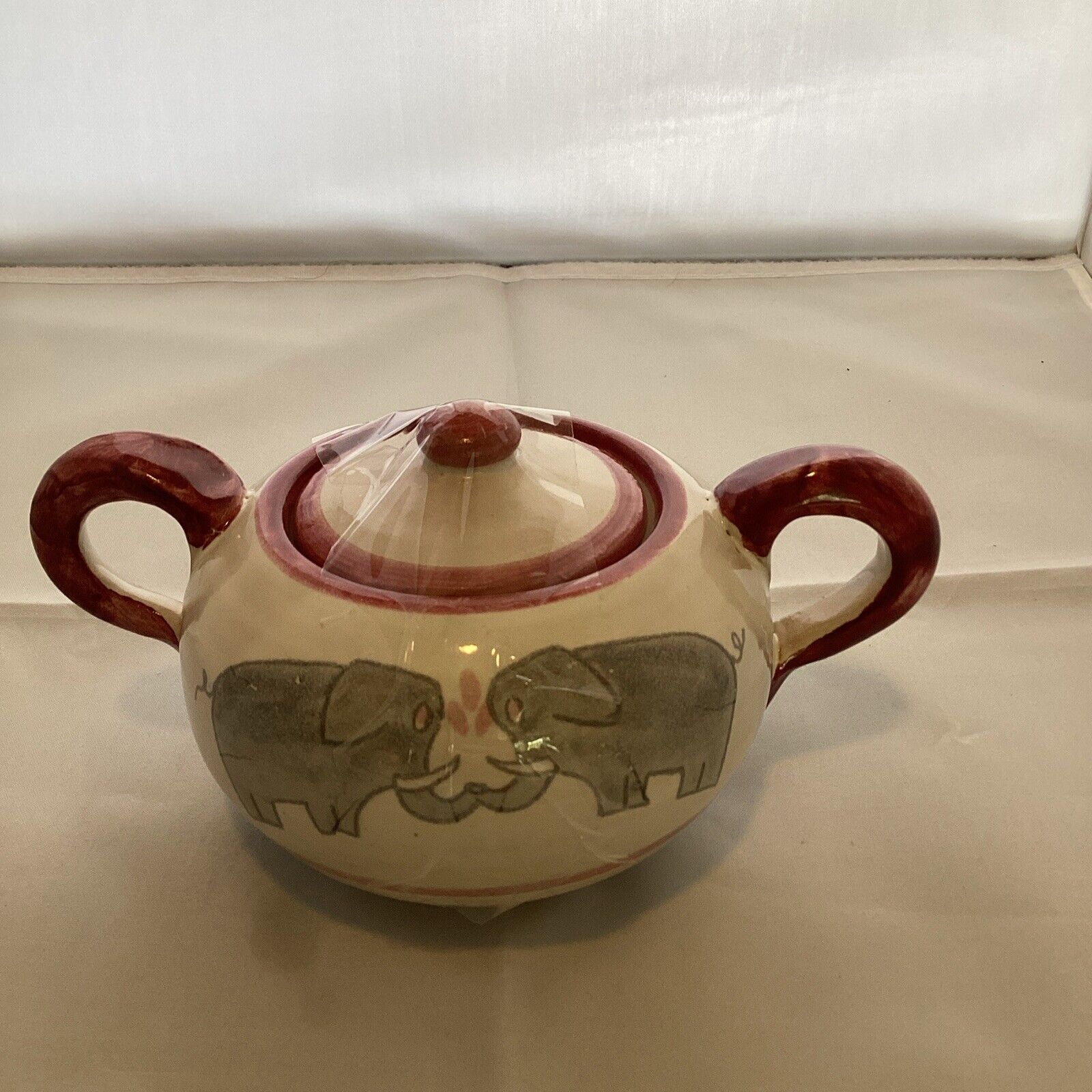 Italian Pottery Sugar Bowl With Double Handles Lid And A Pair Of Elephants