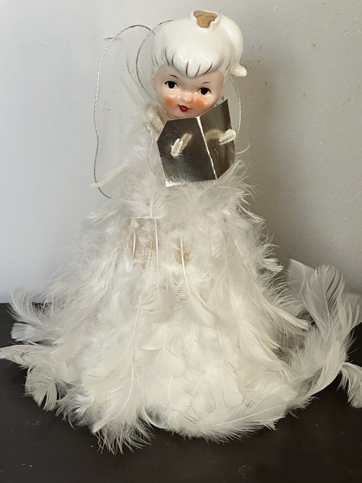 Vtg 1950’s Porcelain Head White Feather Holt Howard Japan Xmas Angel with Book