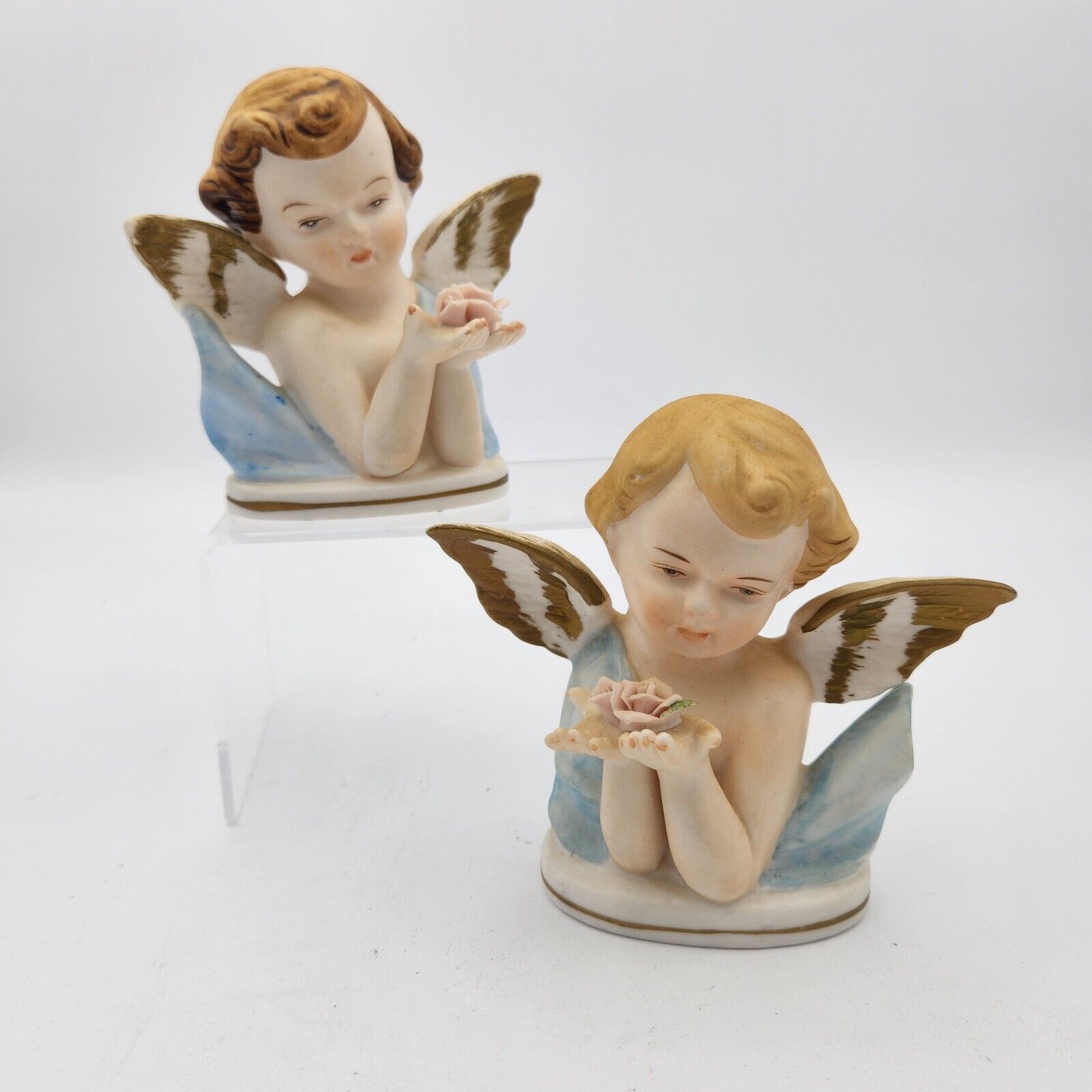 Ardco Porcelain Angel Cherub Figurines Holding Flower Vintage Set of Two