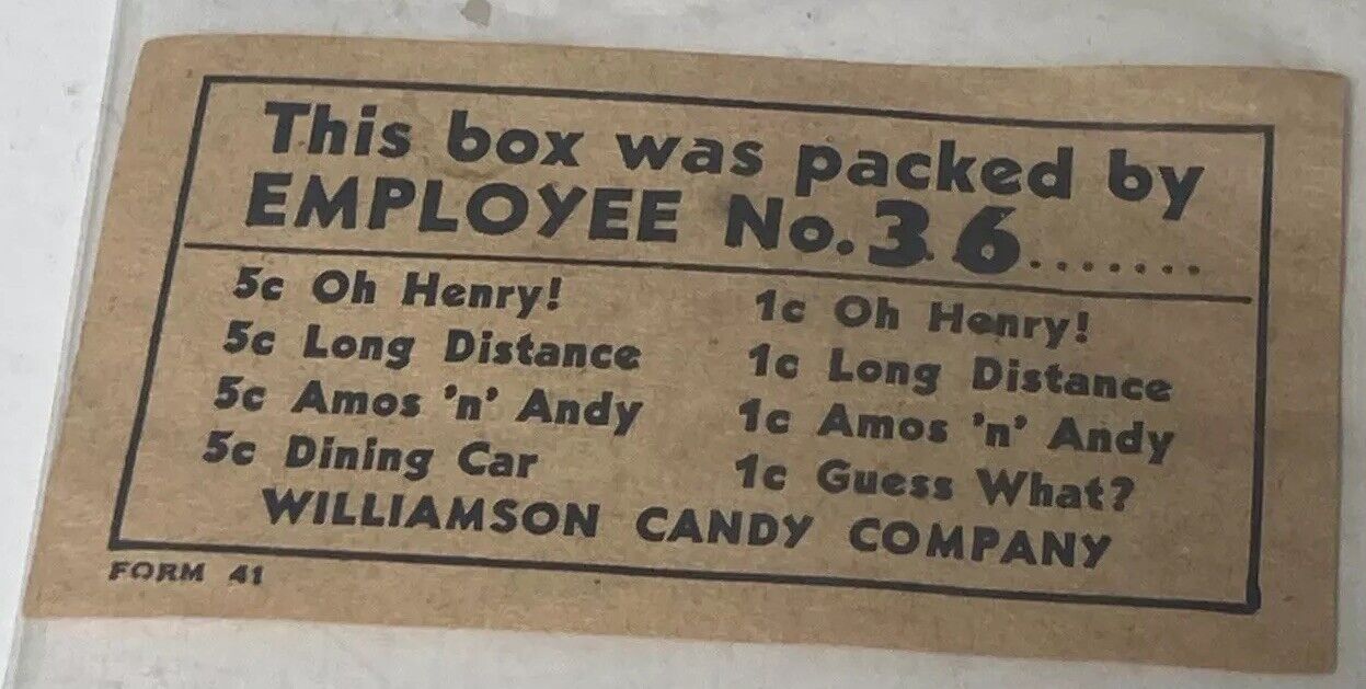VTG 1940s Williamson Candy Company Inspection Ticket W/ Advertising Candy Bars