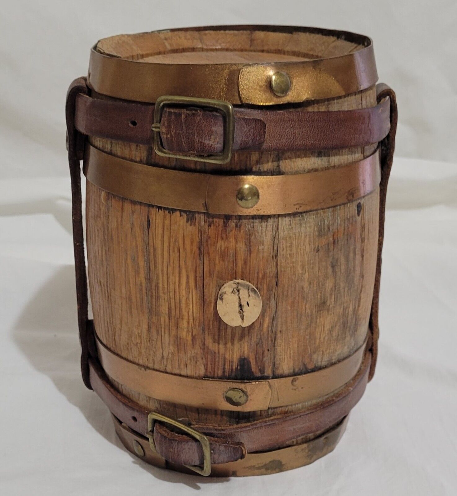 Vintage Wood Leather Copper Barrel Keg Cask 6.5\