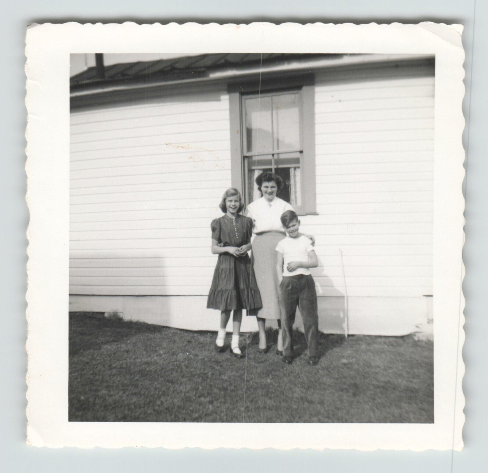 Photo 3x3 B&W Woman Standing with Boy and Girl in Front of Building