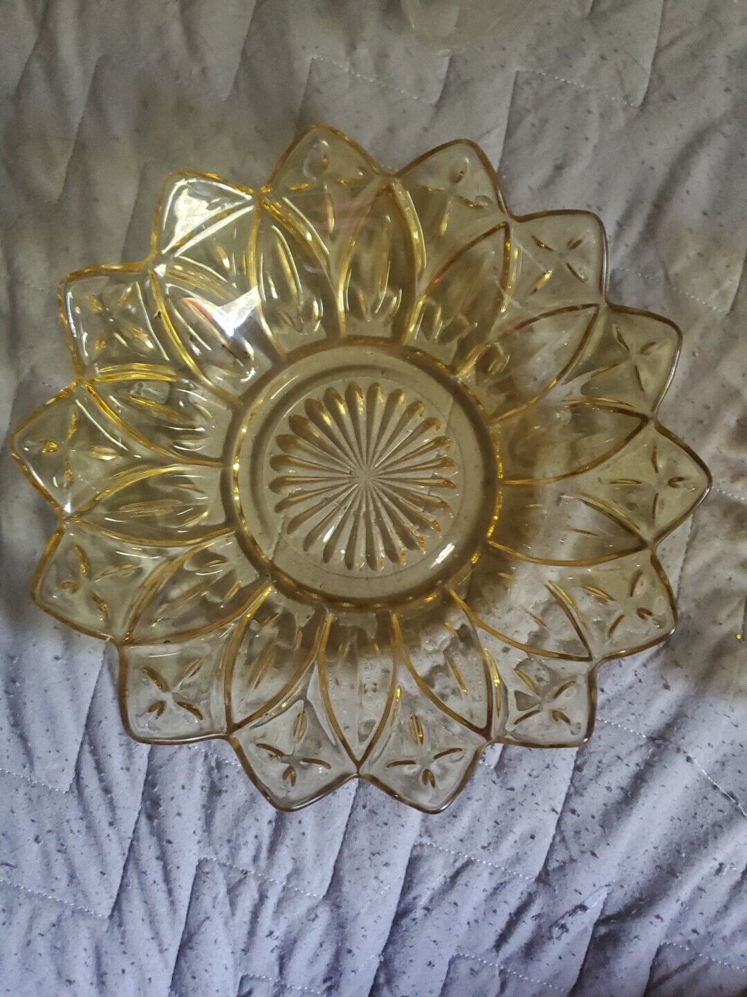 2 Vintage Amber Federal Glass Starburst Sunflower Dish Plates Bowl Depression 8”