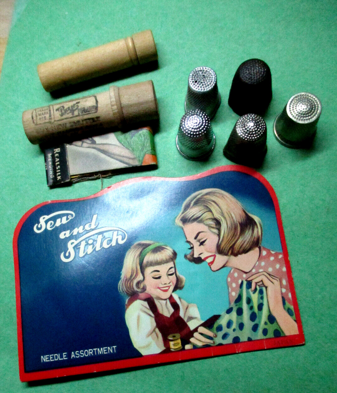 Vintage Lot of Sewing Items silk stocking repair kit, thimbles, needle pack wood