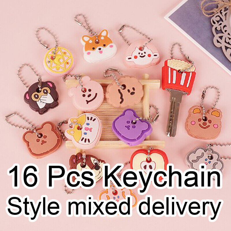 16 Pcs Key Cover Cartoon Keychains For Leather Bags School Office Key Ring Chain