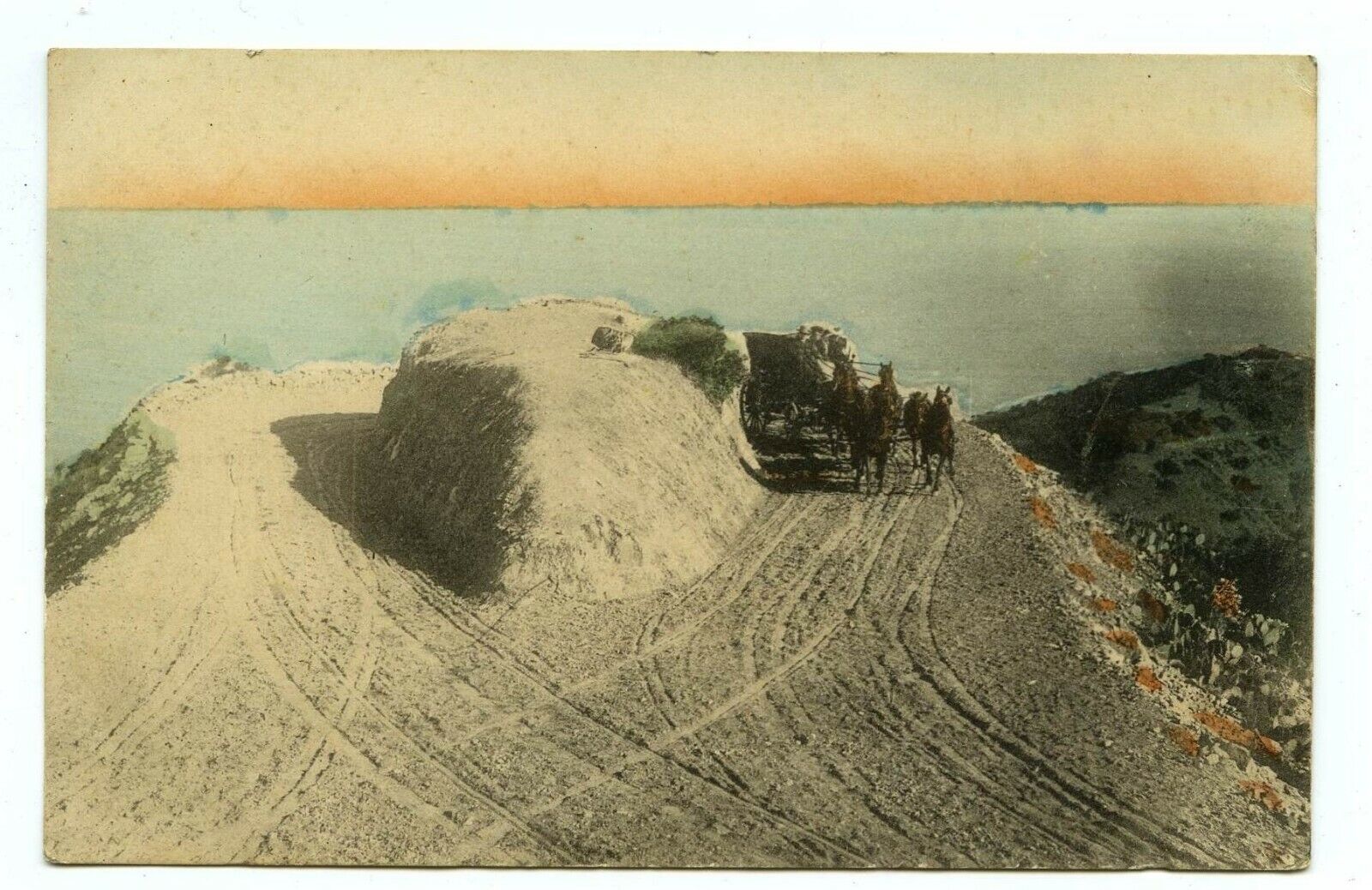Pre 1910 Post Card  Horse Carriage Ride On Mountain Top   Hand Colored
