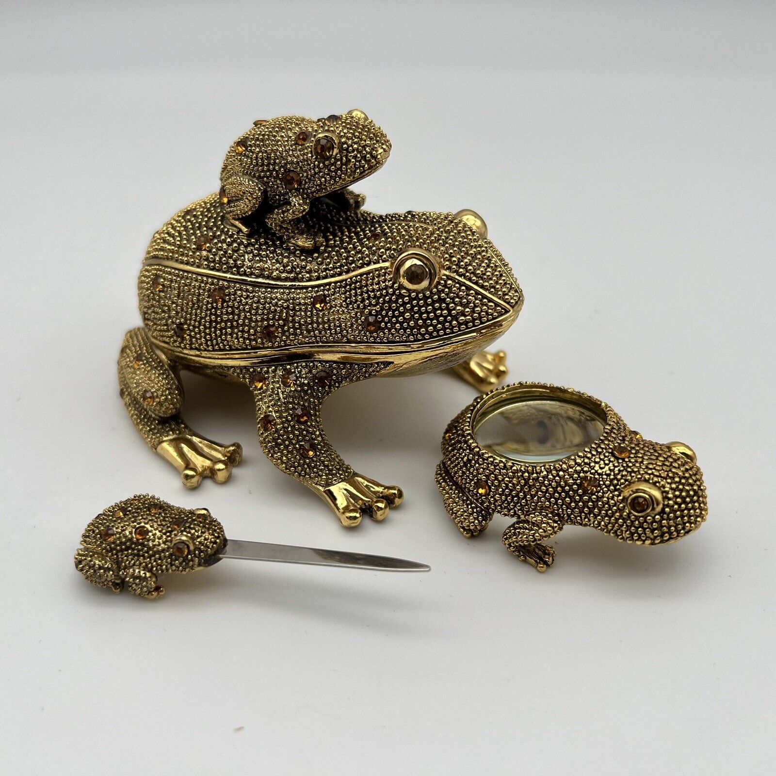 Bombay Company Brass Frog Jeweled Box Magnifying Glass Letter Opener Desk Set