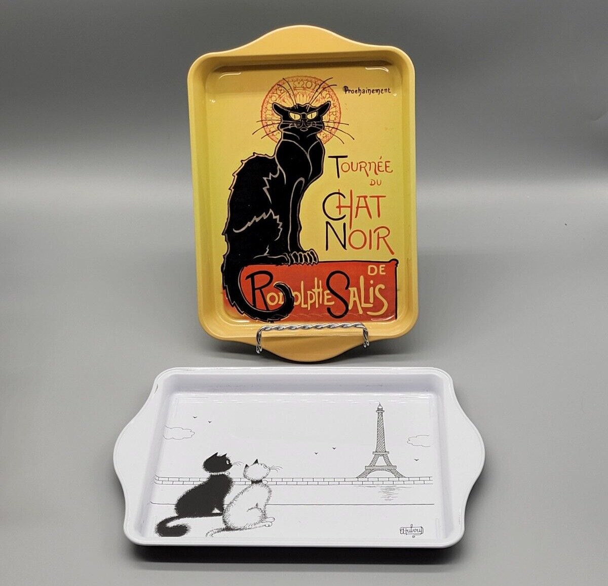 Lot of 2 Small Metal Trays Cats Tournee du Chat Noir/Eiffel Tower French