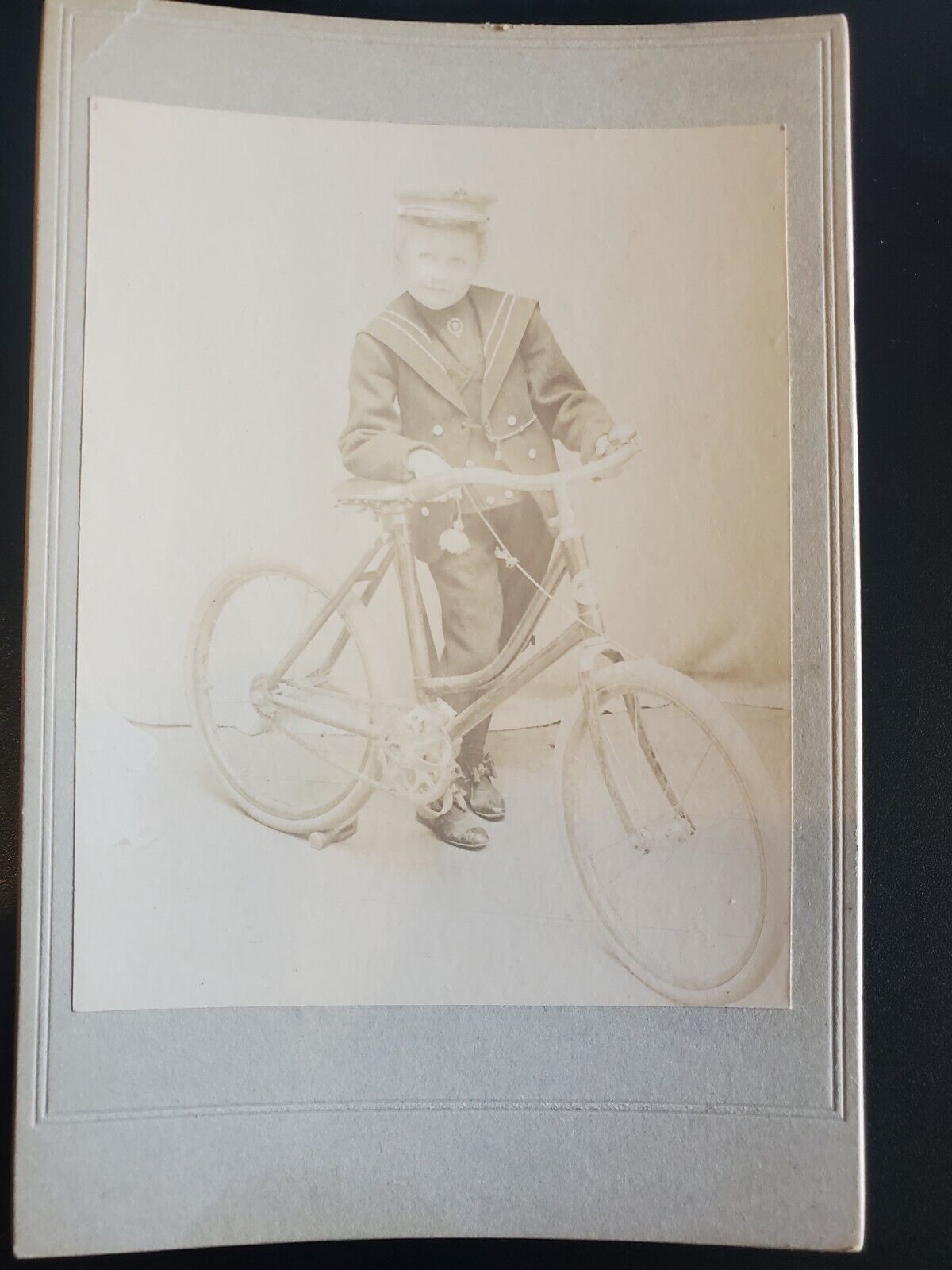 BOY WITH A WONDERFUL EARLY BICYCLE  PHOTO ON BOARD