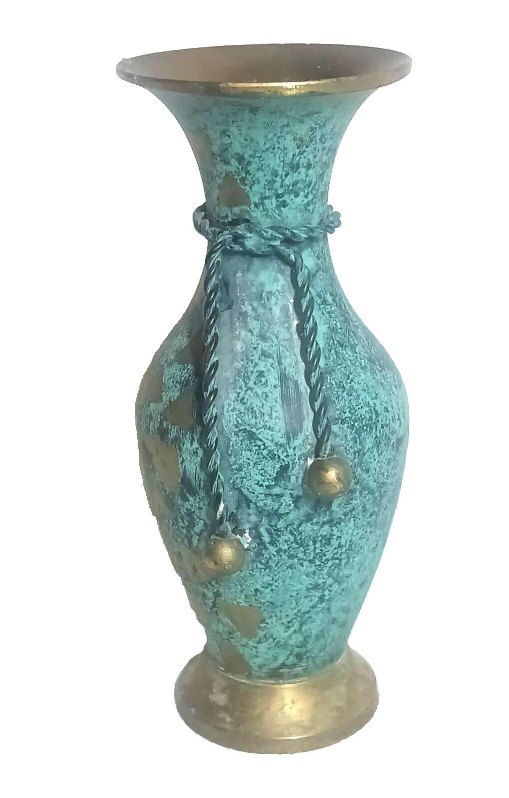 #157 Beautiful vintage Green painted Bugle Brass vase BOHO chic 5.5\