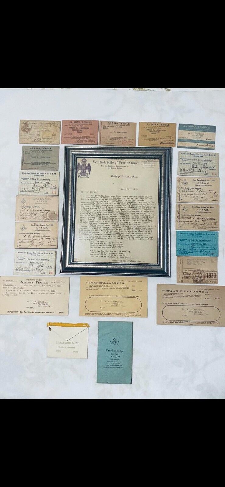 Vintage Scottish rite , Arabia temple membership cards, dues cards. 1880s/1940s