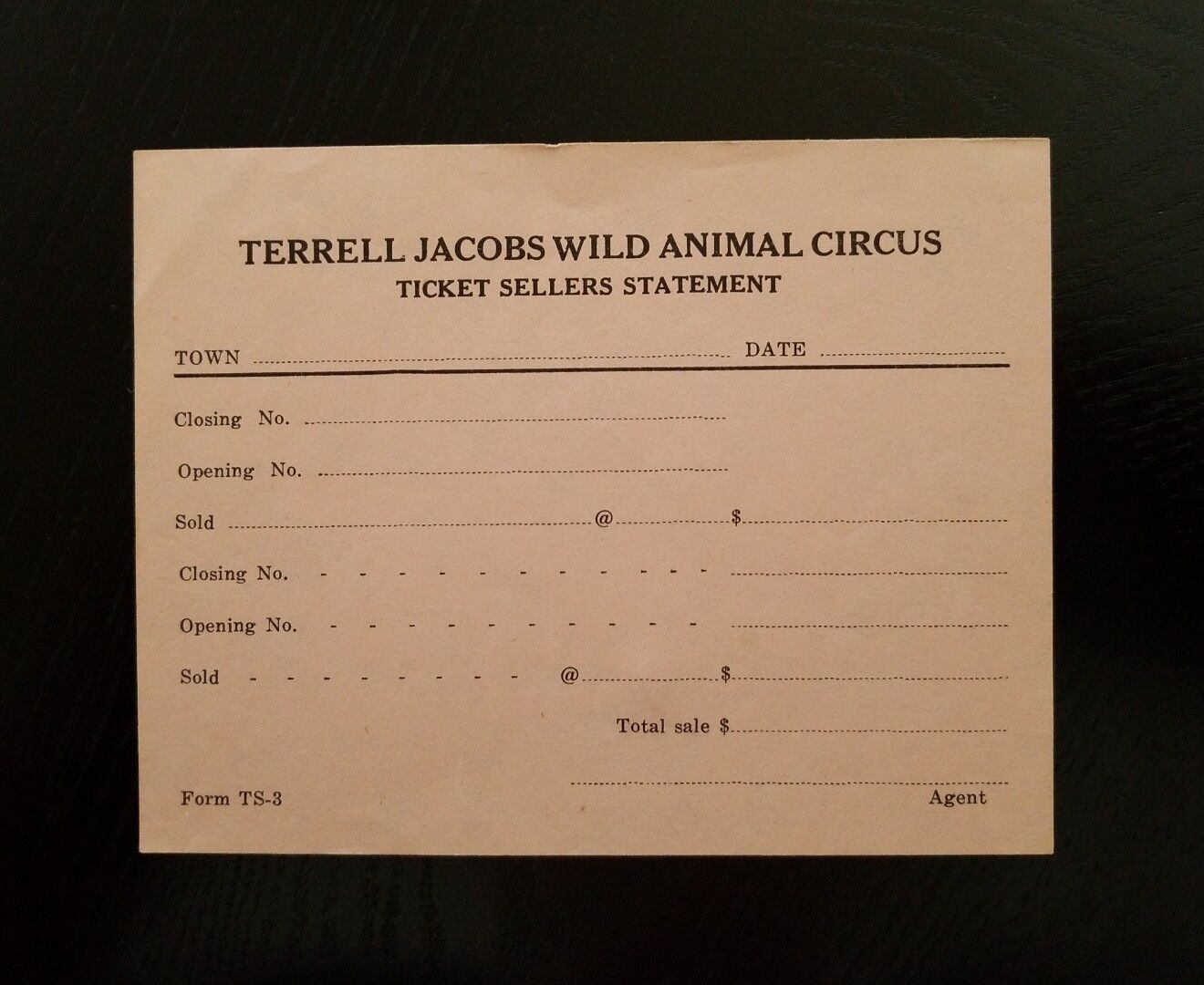 Vintage ~ Terrell Jacob\'s Wild Animal Circus ~ Ticket Sellers Statement 
