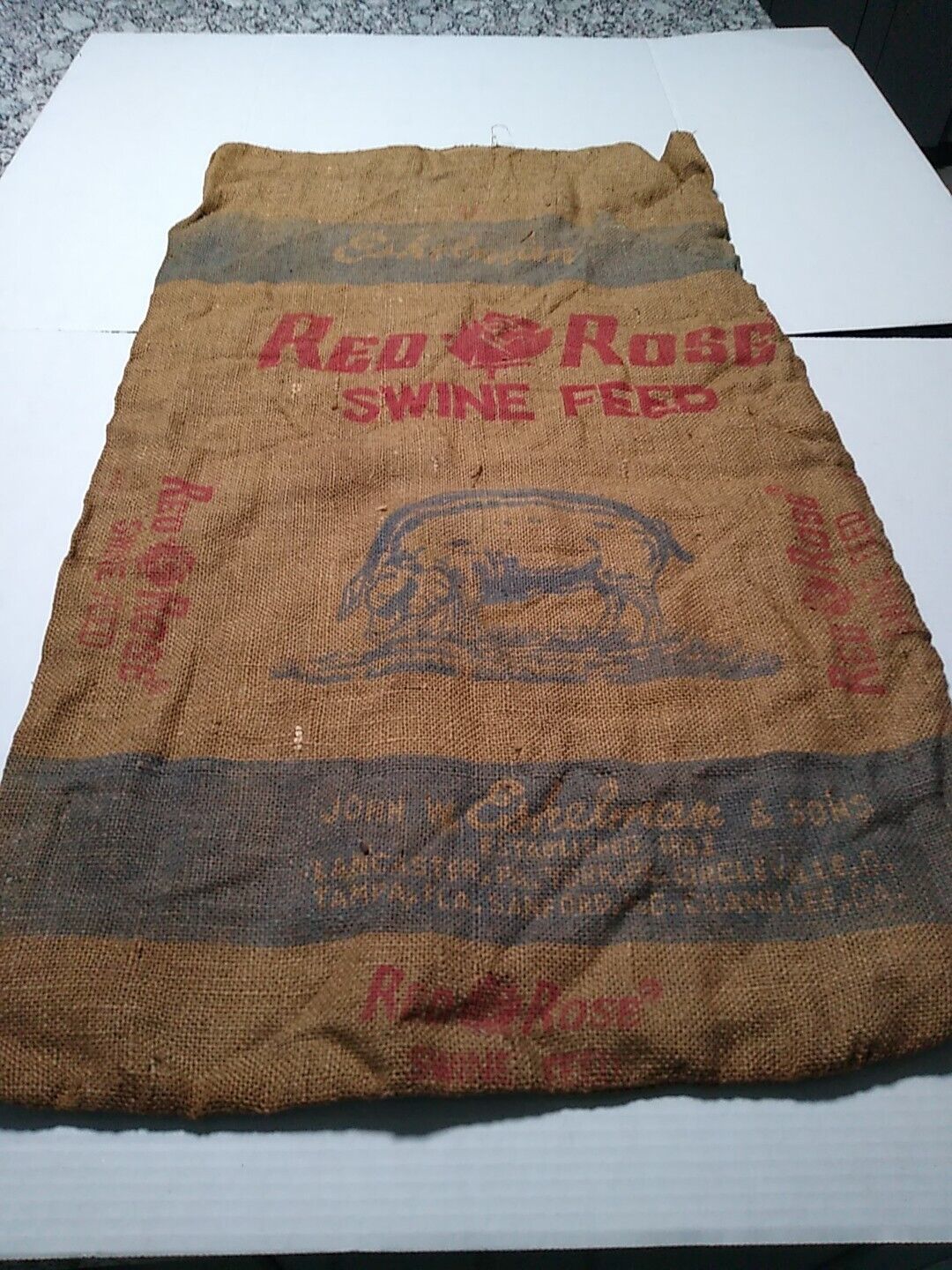 Vintage Large Burlap Bag Red Rose Swine Feed Esnelman & Sons Lancaster Pa. clean