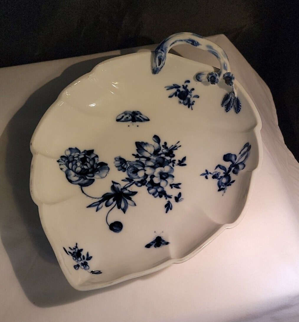 Antique KPM Berlin Porcelain Leaf Serving Dish Blue White Roses Butterflies Bee