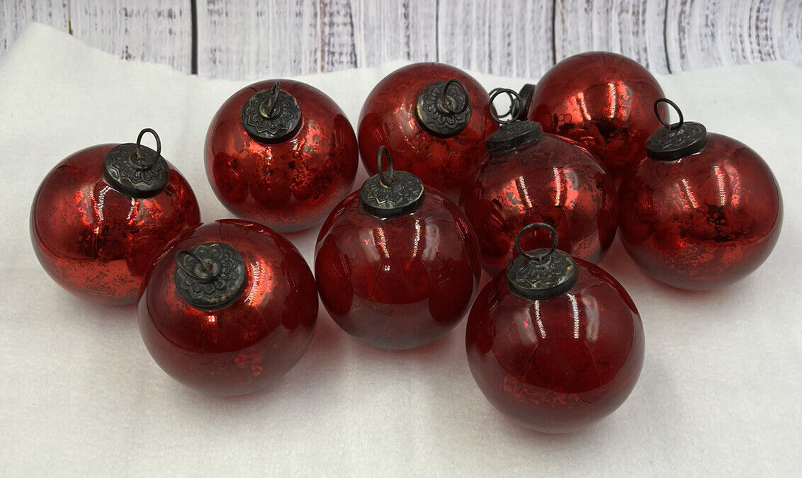 Set Of 9 Old World Kugel Style Glass Ornaments Red