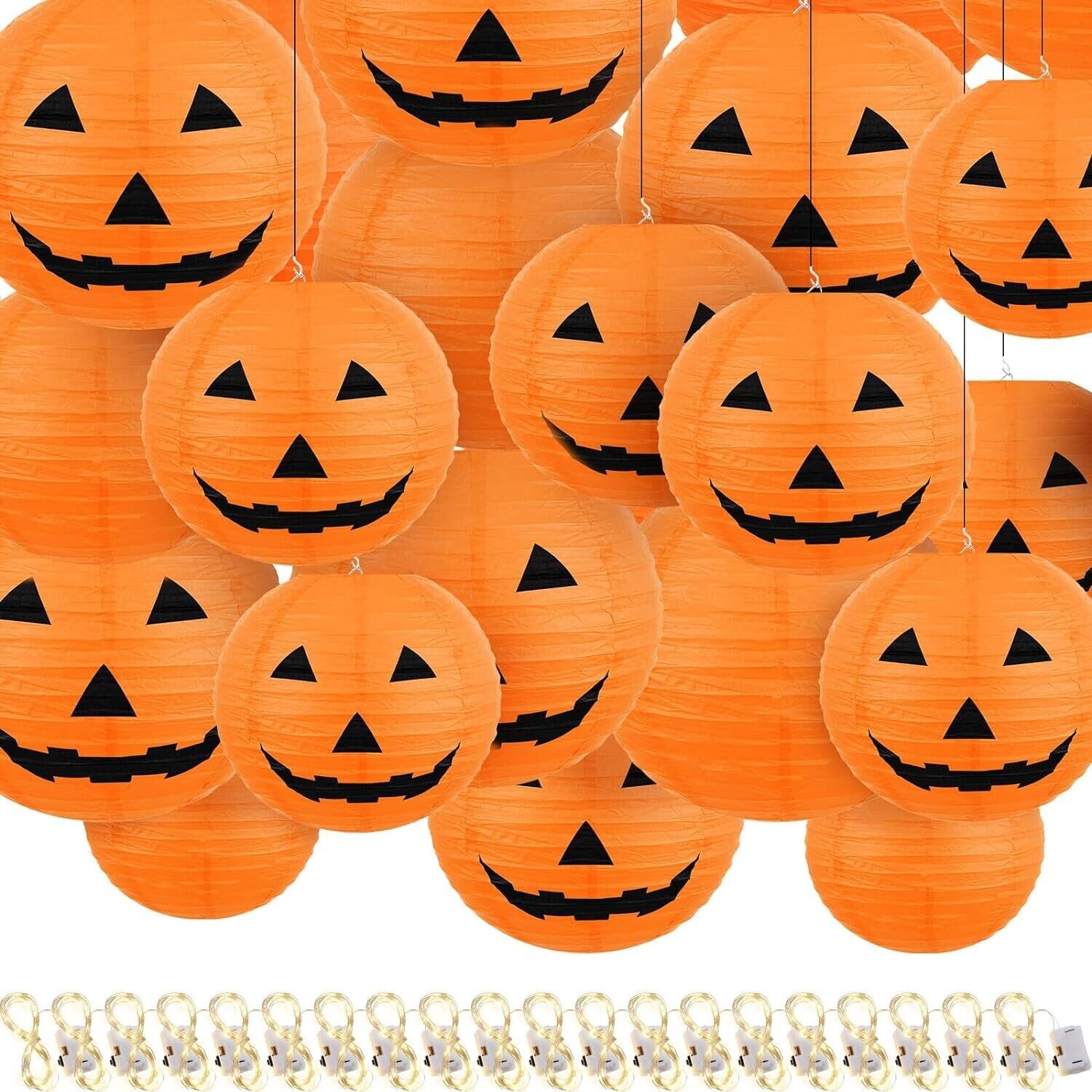 50 Pcs Halloween Paper Lanterns Jack O Lantern with 20 Pcs String Lights