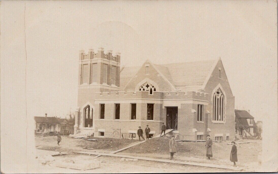 1908, Church Under Construction, MIDDLETOWN, Illinois Real Photo Postcard