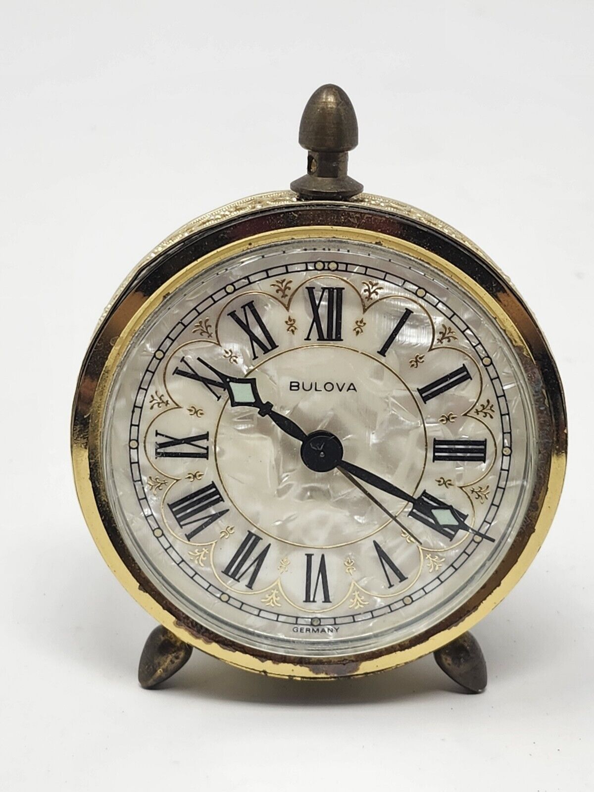 Vintage Elgin Wind Up Alarm Clock Gold Filigree Mother of Pearl Germany Read