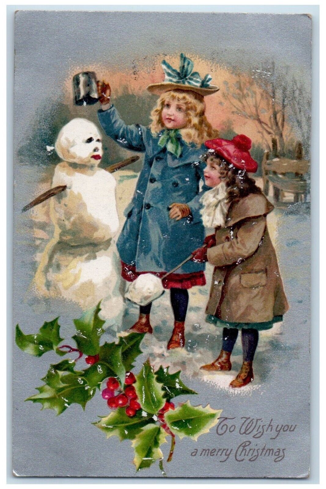 c1905 Christmas Two Girls Snowman Holly Berries Winter Snow Nash Posted Postcard