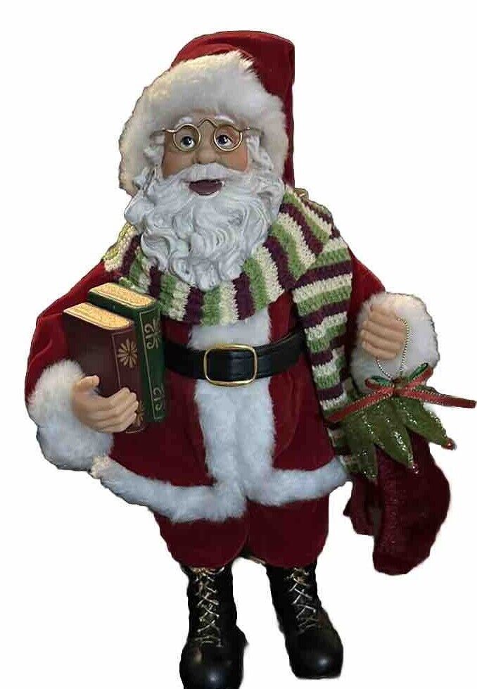 11 Inch Santa Claus Figure With Glasses, Holding Books And Christmas Sock ￼