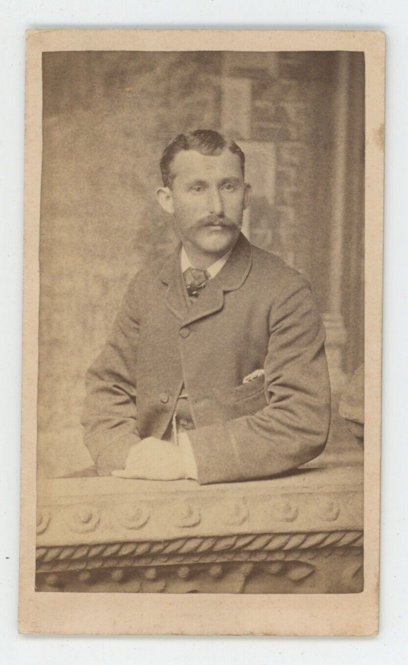Antique CDV Circa 1870s Wren Handsome Man With Mustache Wearing Suit & Tie