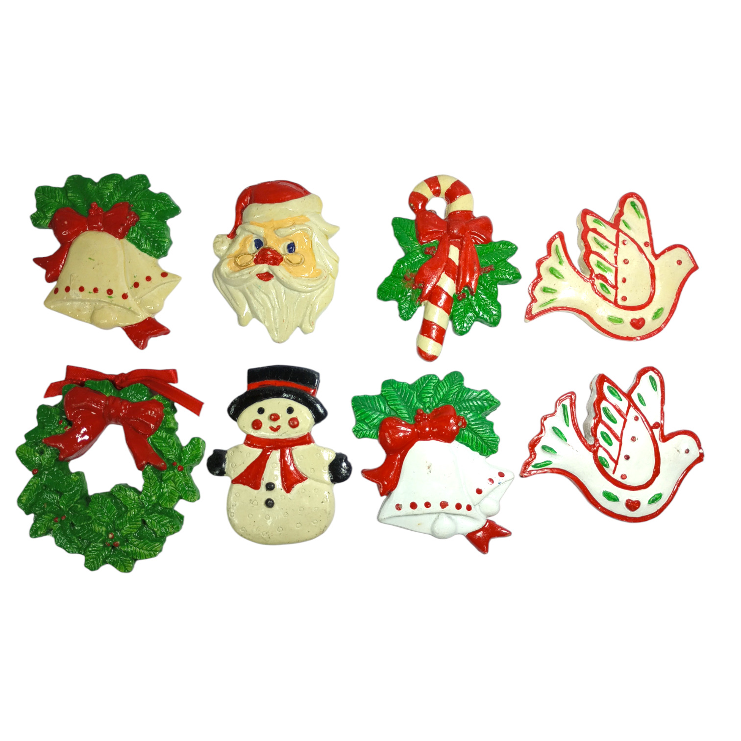 Vtg 1980s Christmas Ornaments One Sided Lot of 8 Snowman Santa Dove Wreath Bells