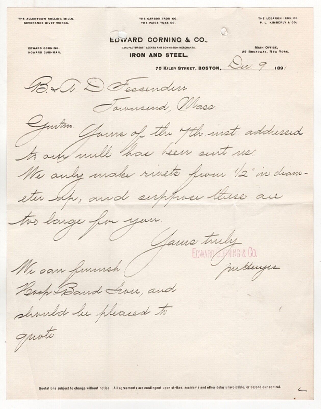1891 EDWARD CORNING CO LETTERHEAD IRON STEEL KILBY ST BOSTON MA FESSENDEN