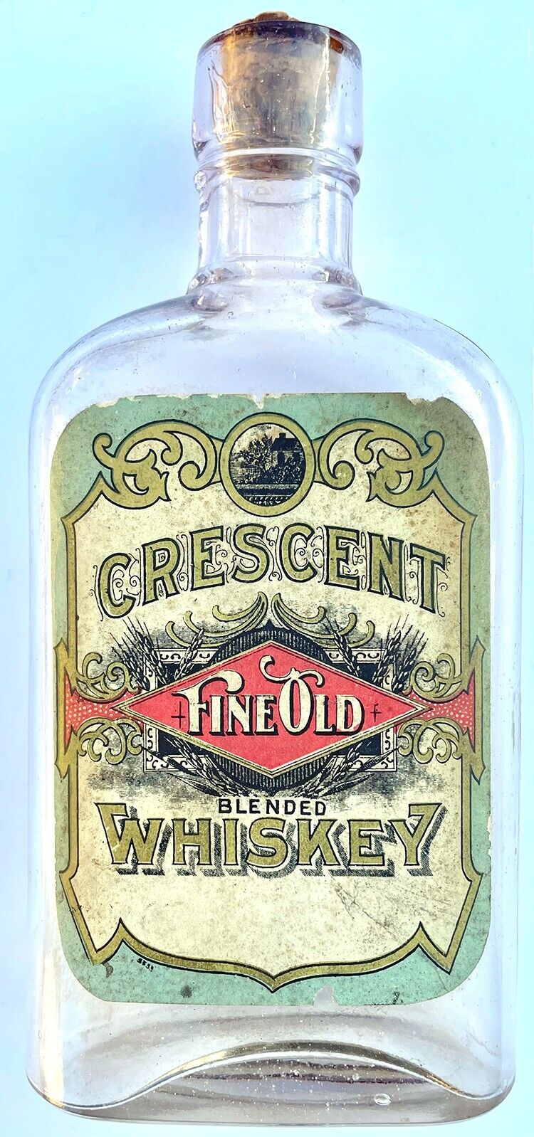 1890s Crescent Whiskey Pint Flask Saloon Bottle w/ Original Cork & Label