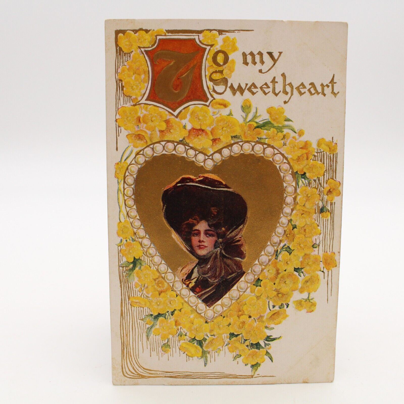 Antique To My Sweetheart, Valentine Embossed Postcard Woman Big Hat Unposted