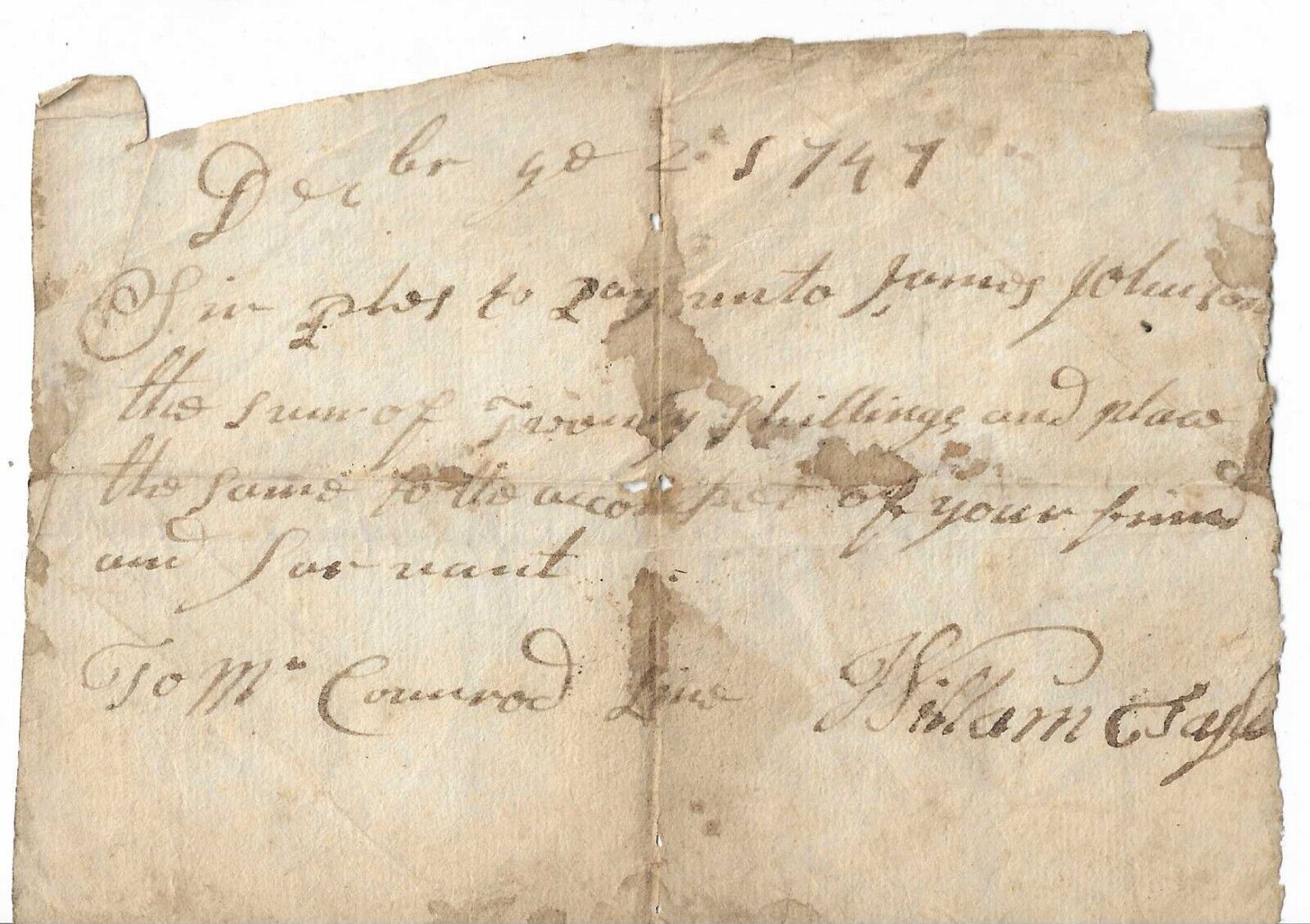 1747 Pompton NJ Handwritten Receipt Lines Taylor Johnson Colonial New Jersey