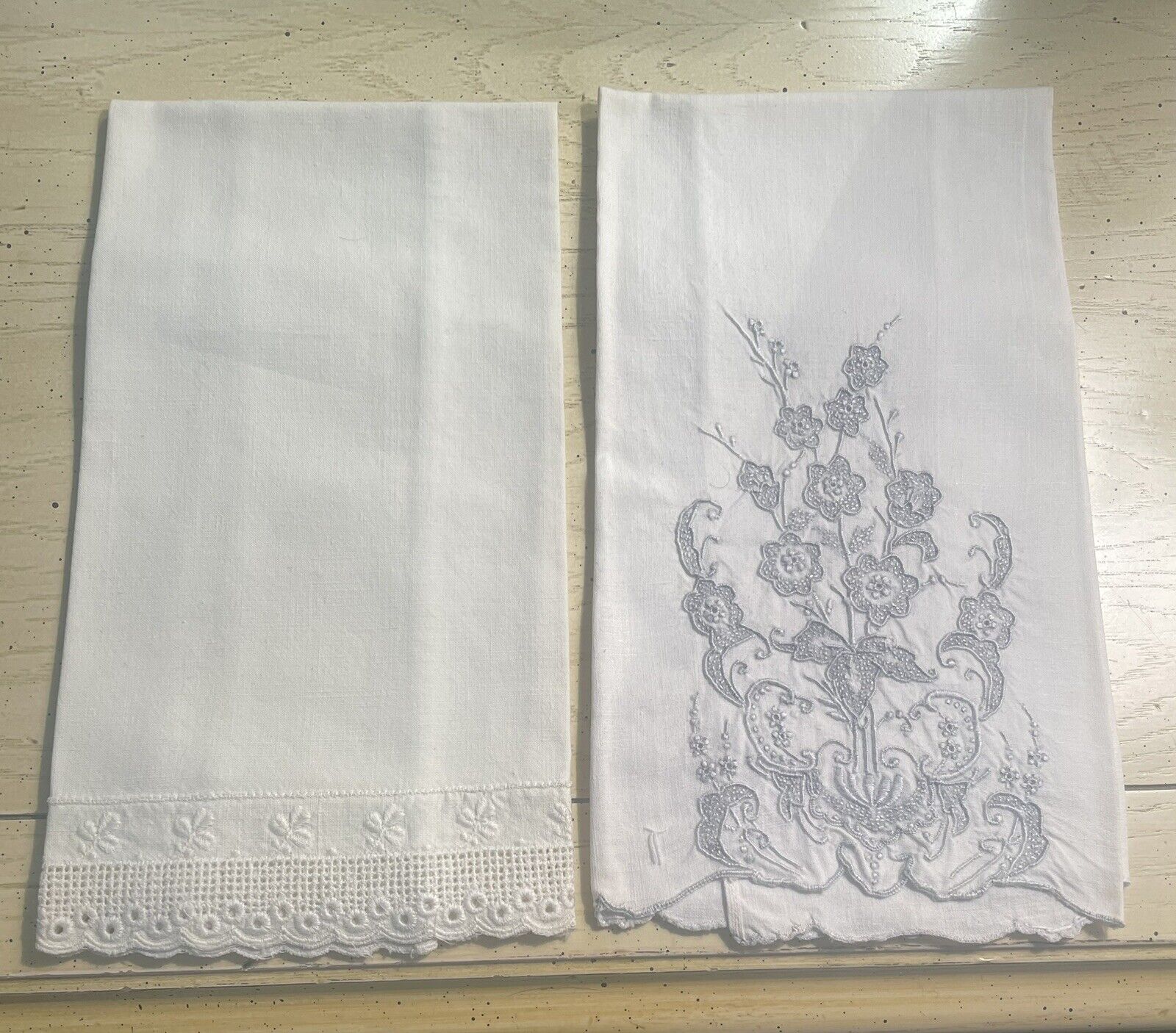 2 Vintage Embroidered White Linen Hand Towels