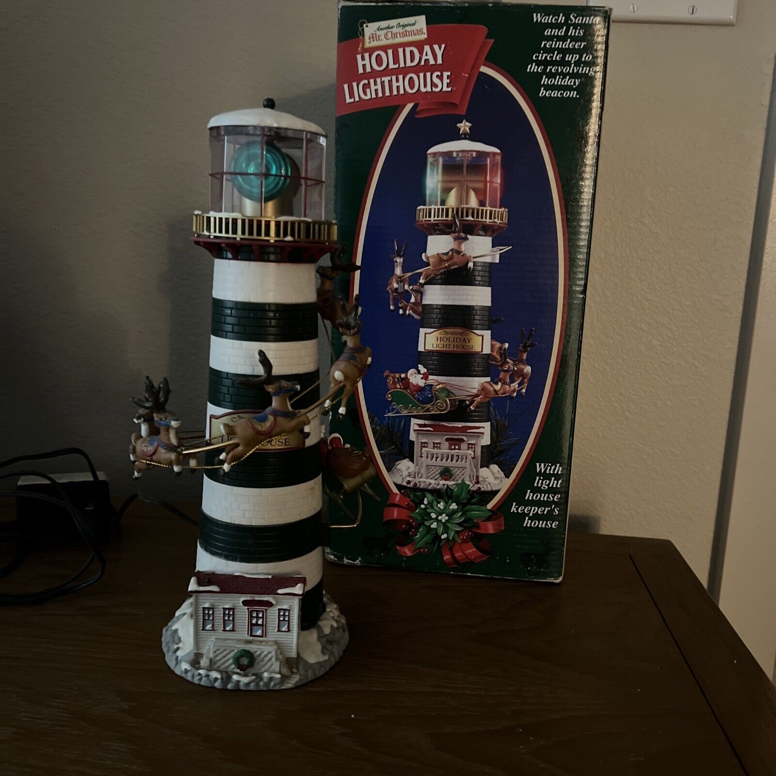 Vintage 1996 Mr. Christmas Holiday Revolving Lighthouse w/ Santa & Reindeer