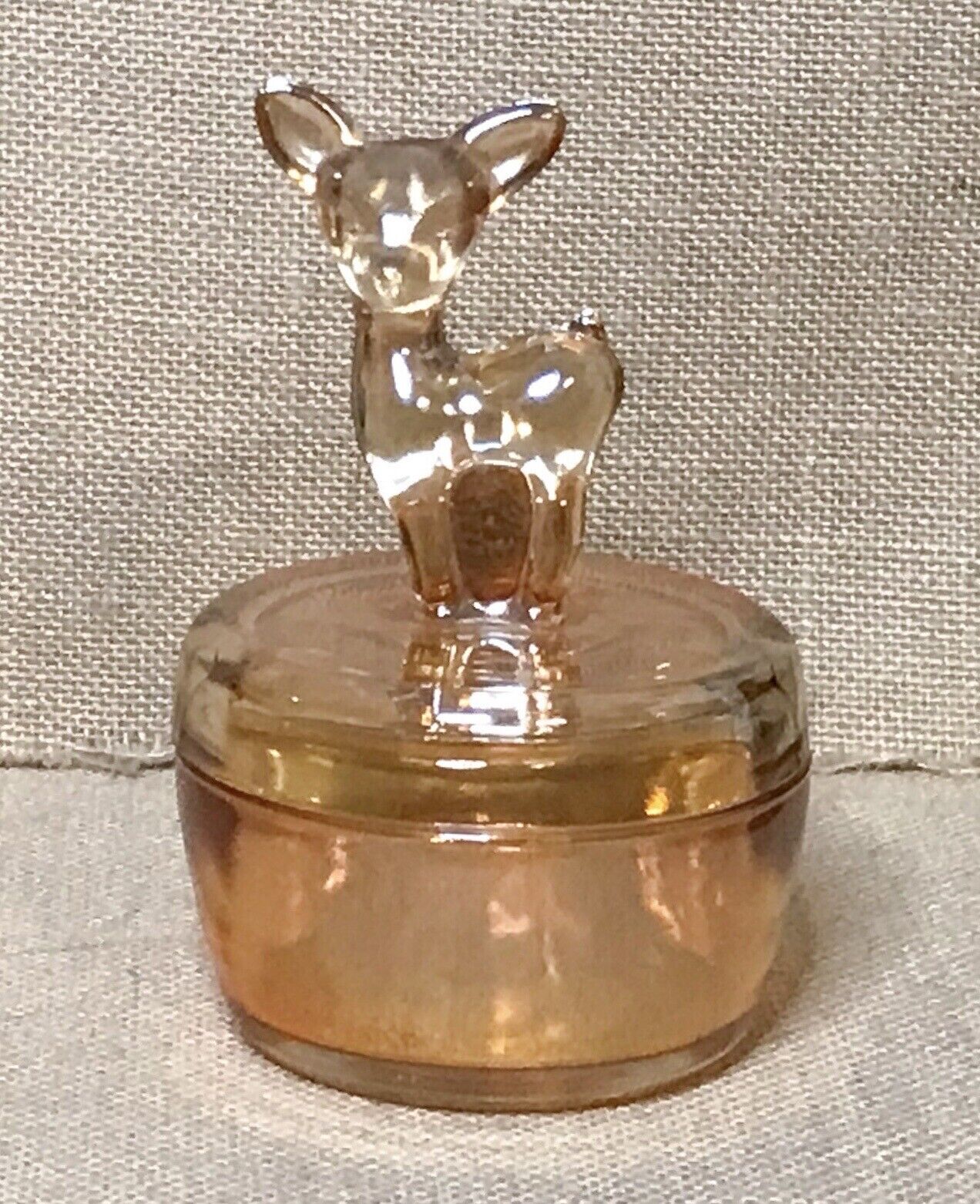 Vintage Jeanette Glass Iridescent Marigold Deer Fawn Powder Vanity Dish