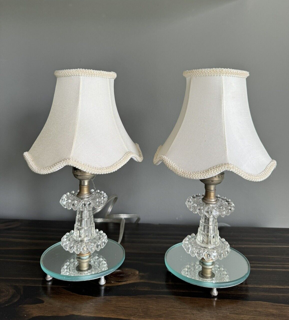 PAIR Vintage Small Boudoir Table Lamps Molded Glass Candlewick Style w/Shade