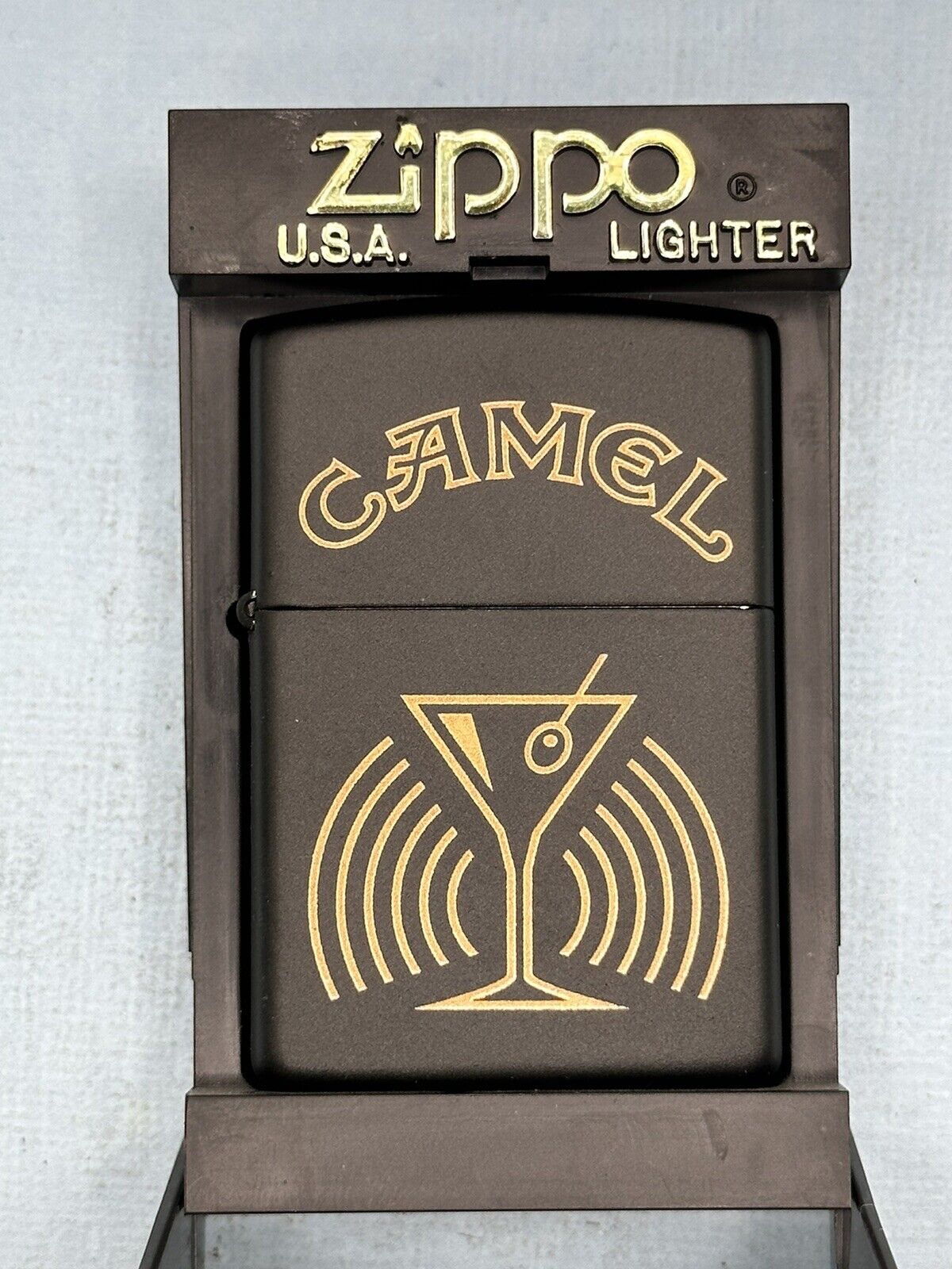 Vintage 1998 Camel Martini Glass Black Matte Zippo Lighter NEW Rare