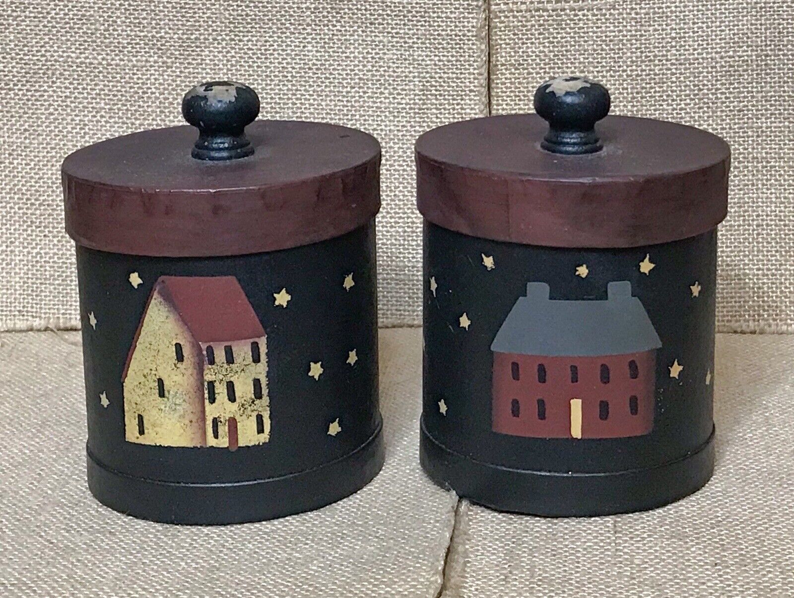 Set Of 2 Rustic Pantry Box Canisters Hand Painted Stenciled Houses Primitive