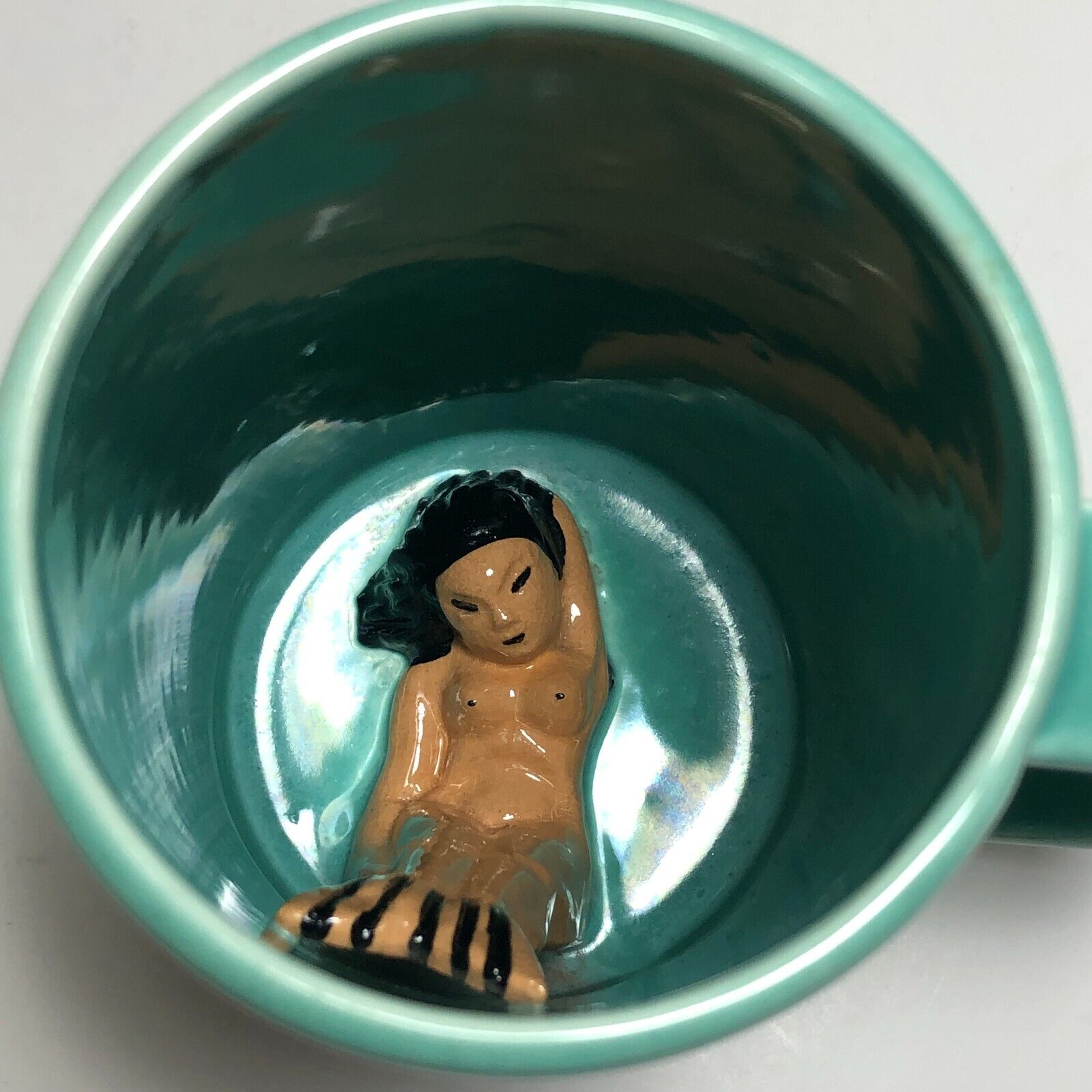 Vintage Turquoise Ceramic Mug With Naked Mermaid Resting at Bottom 5.25\