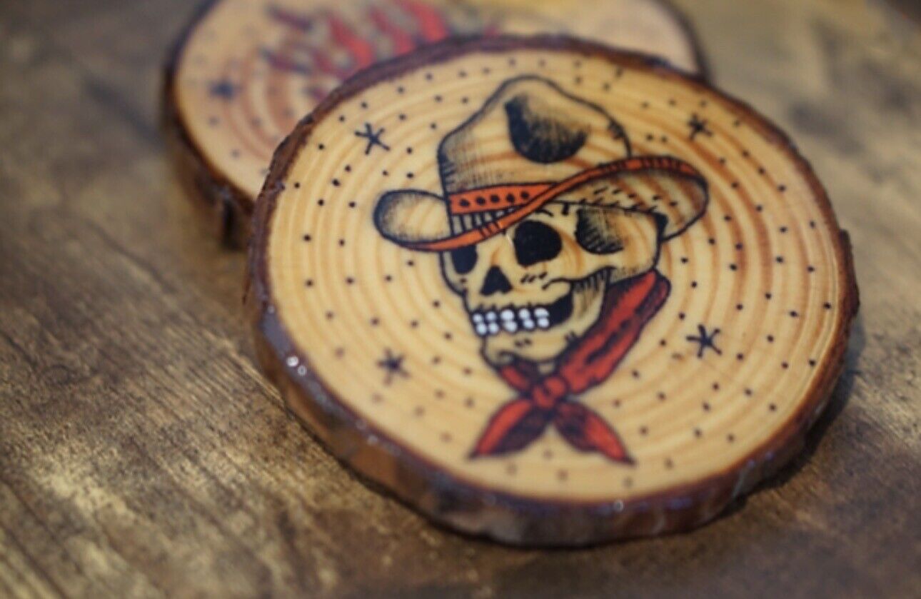 Cowboy Skull - Set of 4 | Traditional Tattoo Wooden Coasters by PrimitivArt