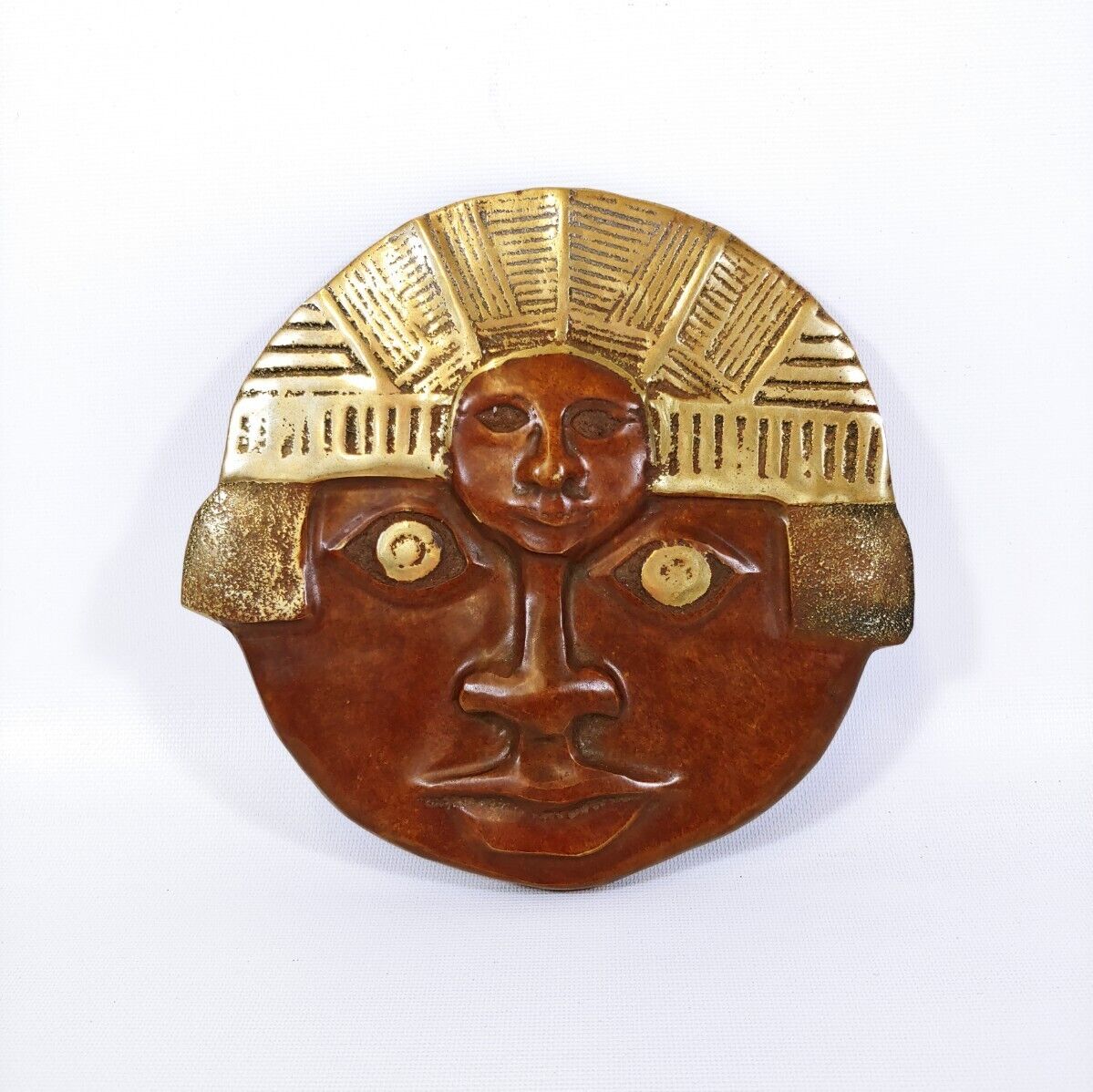 Vintage Brass Copper Aztec Mayan Face Wall Hanging Plaque Costa Rica 5\