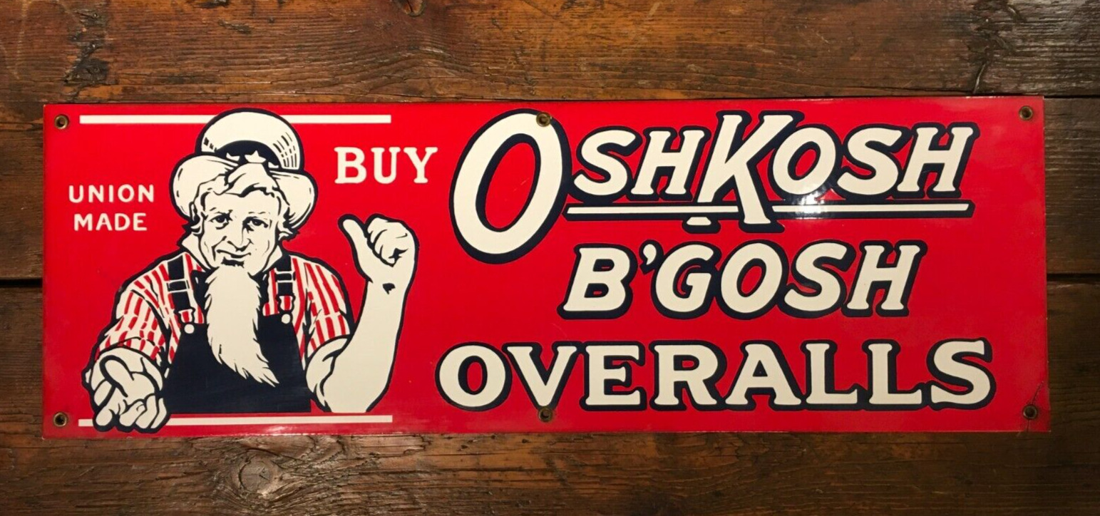 Vintage OshKosh B\'Gosh Union Made Overalls Red Porcelain Advertising Sign
