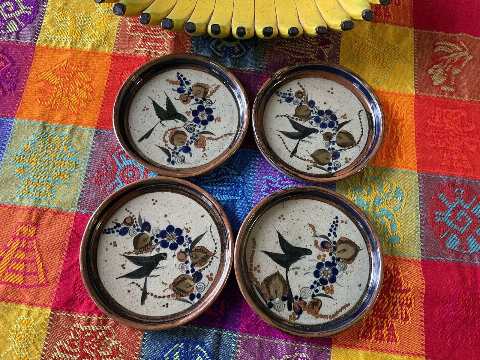 Tonala Mexican Floral Bird Bread Plates 6 3/4” Set 4 Mexico Pottery NEAR MINT
