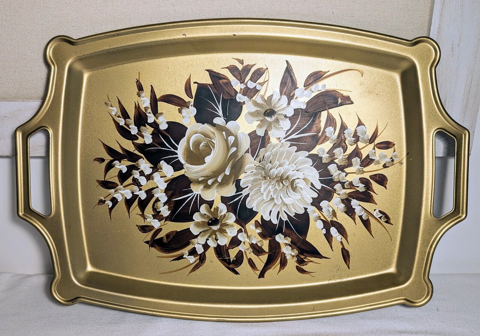 Vintage Metal Hand Painted Tray Tole Serving Tray Gold White Handles 17\