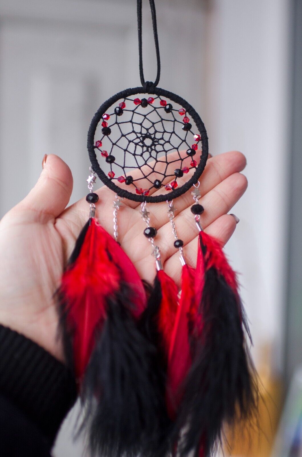 Small Dream Catcher Beaded Car Black Red Wall Hanging Ornament Feathers Stars