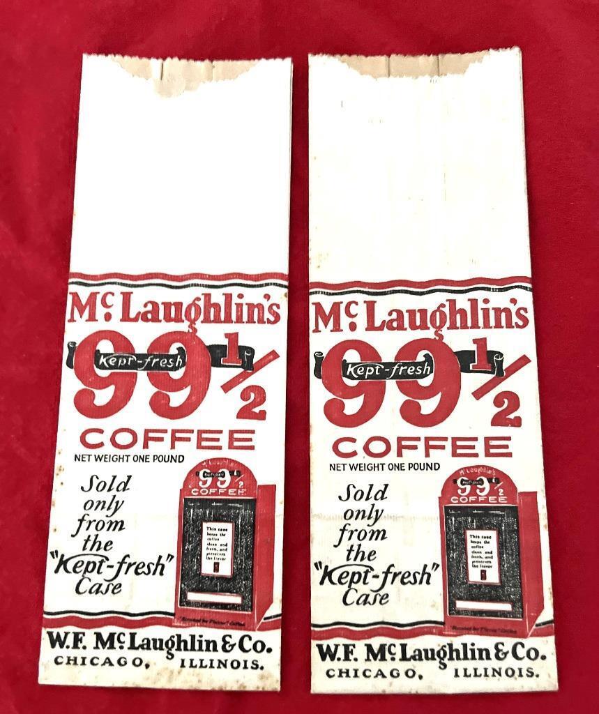 2 Vintage WF McLaughlin\'s & Co Coffee 99 1/2 Bag Net Weight One Pound Chicago IL