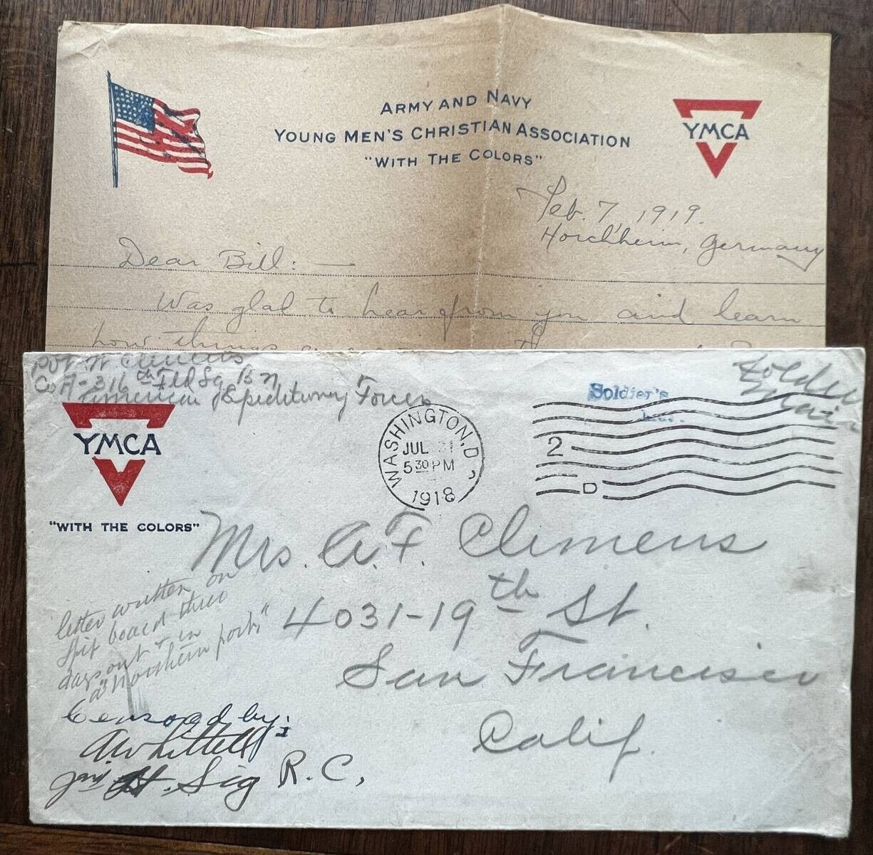 YMCA COVER WITH TEXT 1918-1919 CENSOR GERMANY AMERICAN SOLDIER WAR 1914 WW1 WWI