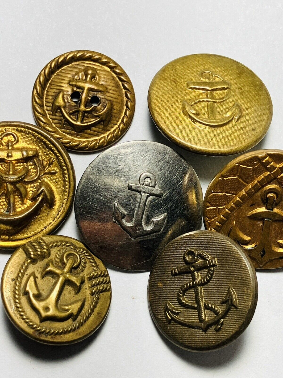 Antique Vintage Lot Of 7 Metal Picture Buttons Anchors Boat Ship N8